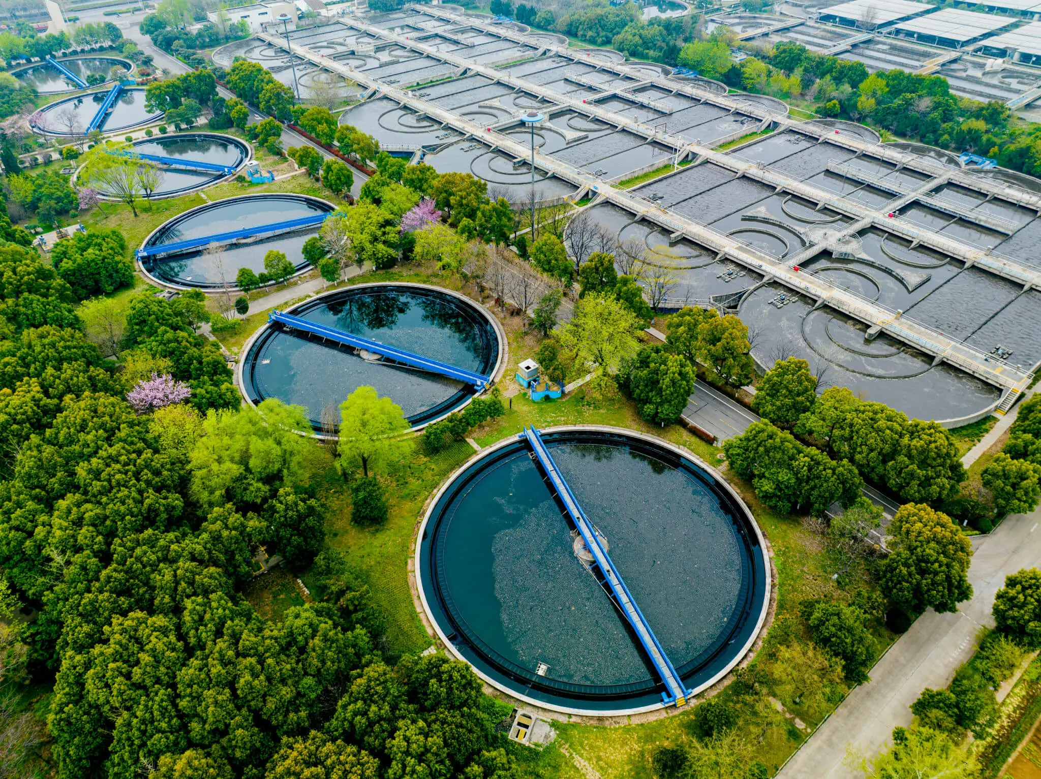 Aerial view of wastewater treatment plant.